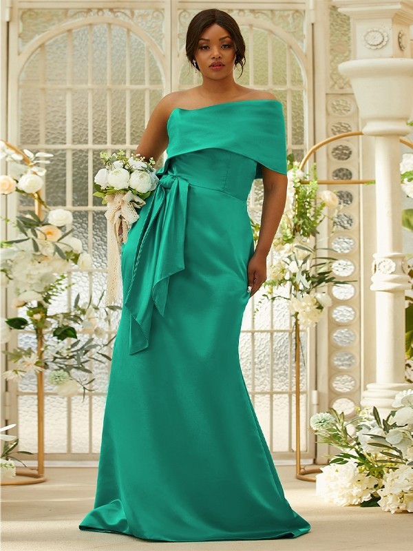 Sheath/Column Satin Ruched One-Shoulder Sleeveless Sweep/Brush Train Bridesmaid Dresses 3022