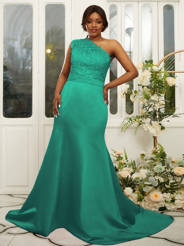 Sheath/Column Satin Lace One-Shoulder Sleeveless Sweep/Brush Train Bridesmaid Dresses 3017