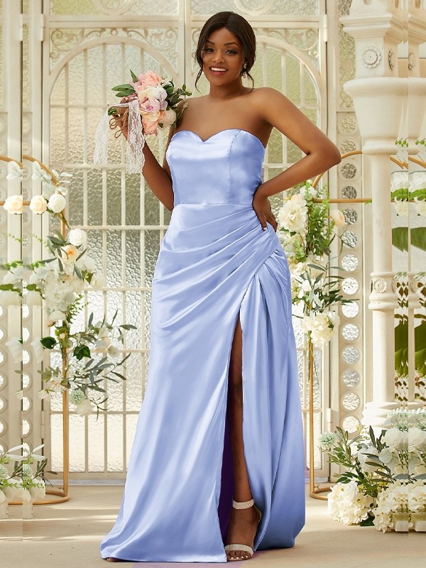 Sheath/Column Silk like Satin Ruched Sweetheart Sleeveless Sweep/Brush Train Bridesmaid Dresses 3079