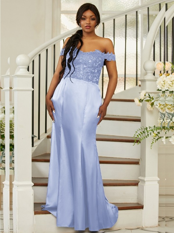 Sheath/Column Silk like Satin Applique Off-the-Shoulder Sleeveless Sweep/Brush Train Bridesmaid Dresses 3051