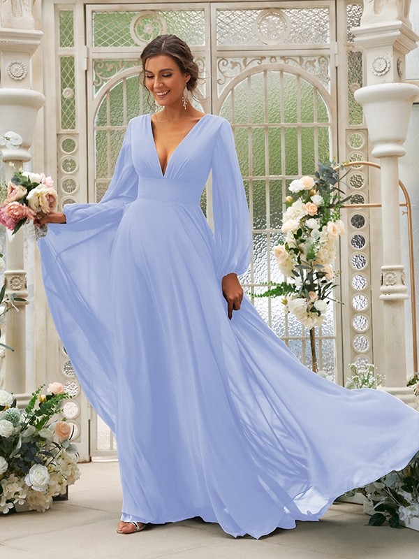 A-Line/Princess Chiffon Ruffles V-neck Long Sleeves Sweep/Brush Train Bridesmaid Dresses 2219