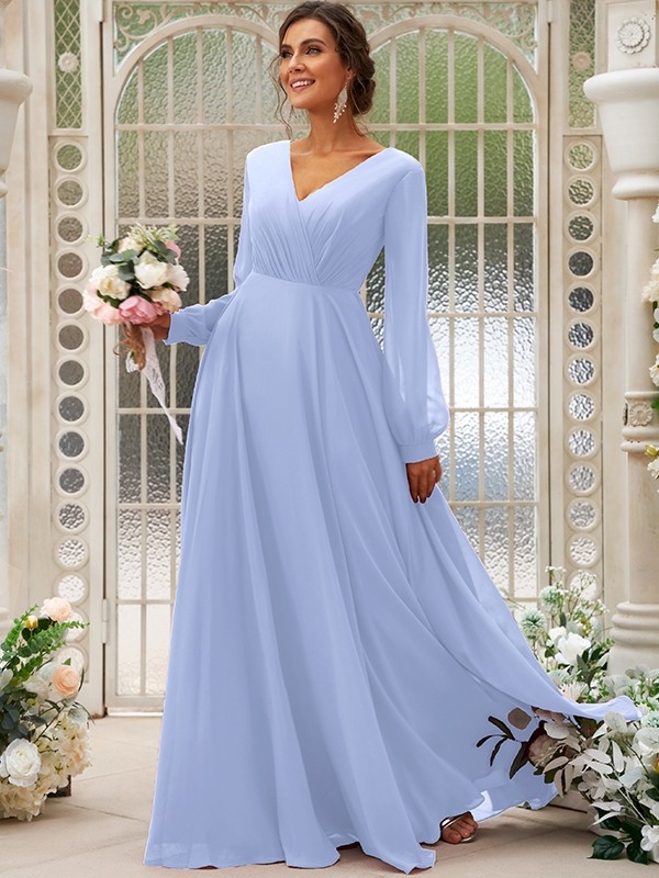 A-Line/Princess Chiffon Ruched V-neck Long Sleeves Floor-Length Bridesmaid Dresses 2169