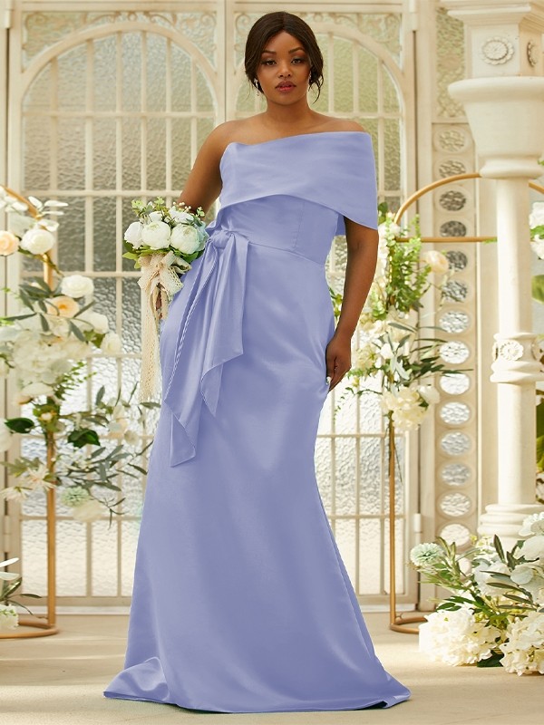 Sheath/Column Satin Ruched One-Shoulder Sleeveless Sweep/Brush Train Bridesmaid Dresses 3022