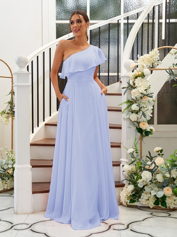 A-Line/Princess Chiffon Ruffles One-Shoulder Sleeveless Floor-Length Bridesmaid Dresses 2205