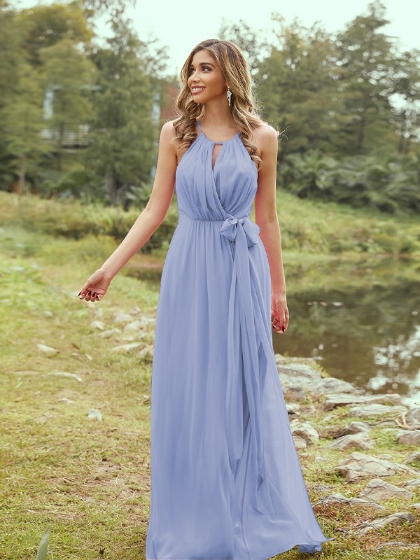 A-Line/Princess Chiffon Ruffles Halter Sleeveless Sweep/Brush Train Bridesmaid Dresses 2196