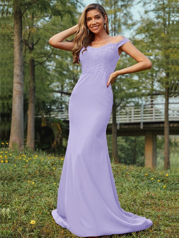 Sheath/Column Jersey Applique Off-the-Shoulder Sleeveless Sweep/Brush Train Bridesmaid Dresses 2954