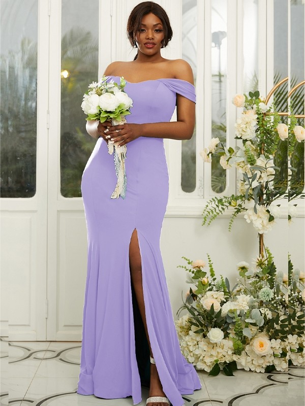 Sheath/Column Jersey Ruffles Off-the-Shoulder Sleeveless Sweep/Brush Train Bridesmaid Dresses 2969