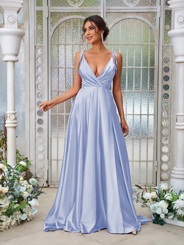 A-Line/Princess Silk like Satin Ruffles V-neck Sleeveless Sweep/Brush Train Bridesmaid Dresses 2494