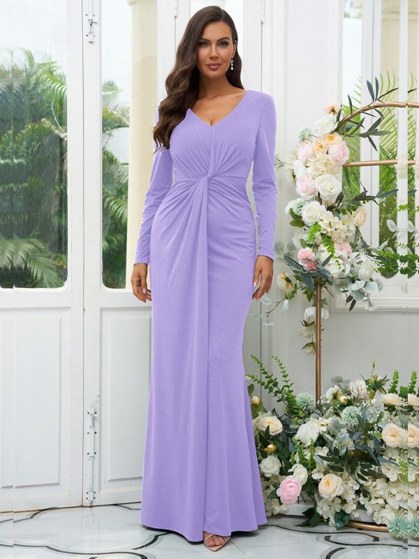 Sheath/Column Jersey Ruched V-neck Long Sleeves Floor-Length Bridesmaid Dresses 2966