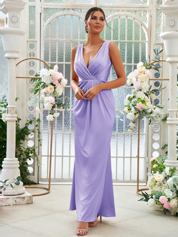 Sheath/Column Jersey Ruched V-neck Sleeveless Floor-Length Bridesmaid Dresses 2967