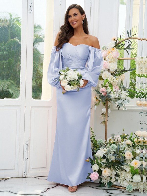 Sheath/Column Silk like Satin Ruched Off-the-Shoulder Long Sleeves Floor-Length Bridesmaid Dresses 3054