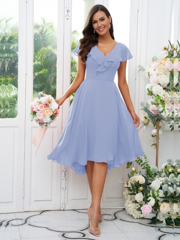 A-Line/Princess Chiffon Ruffles V-neck Short Sleeves Asymmetrical Bridesmaid Dresses 2221