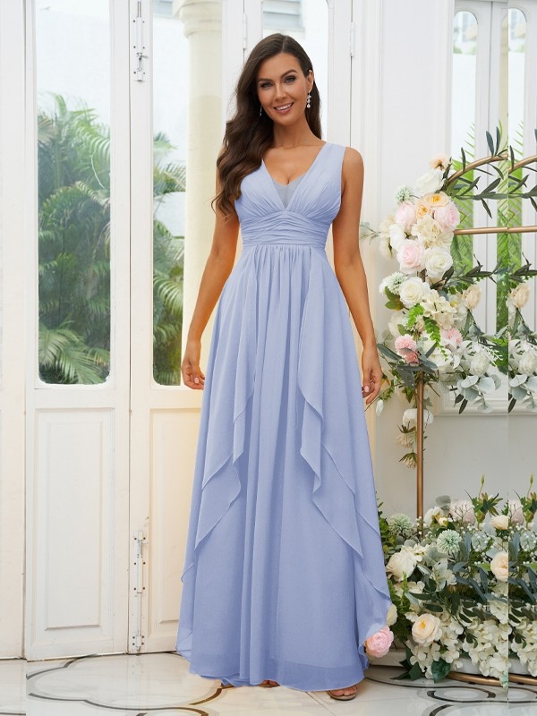 A-Line/Princess Chiffon Ruffles V-neck Sleeveless Floor-Length Bridesmaid Dresses 2240