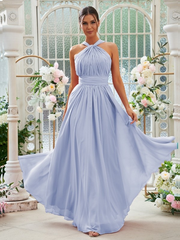 A-Line/Princess Chiffon Ruched Halter Sleeveless Floor-Length Bridesmaid Dresses 2154