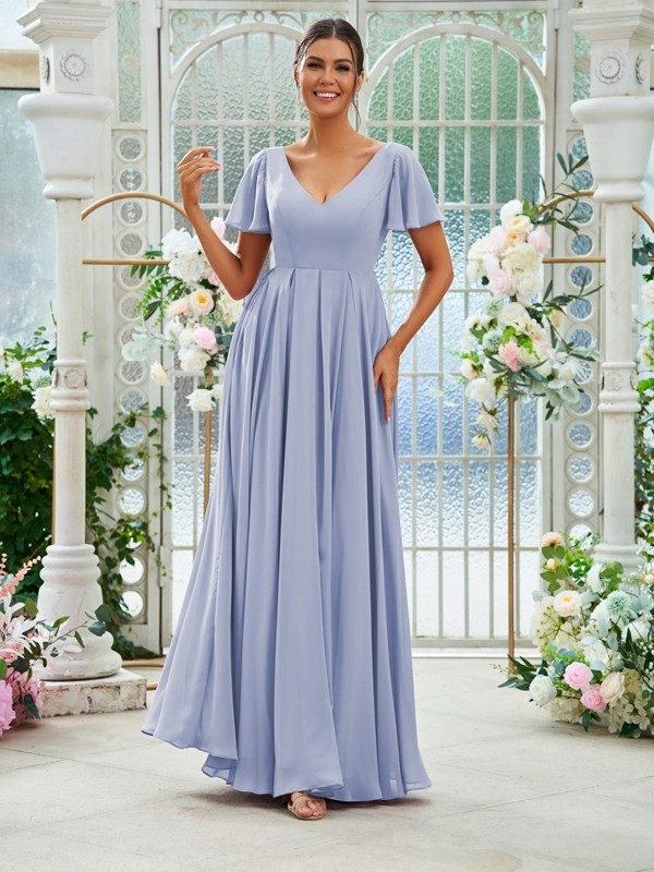 A-Line/Princess Chiffon Ruffles V-neck Short Sleeves Floor-Length Bridesmaid Dresses 2226