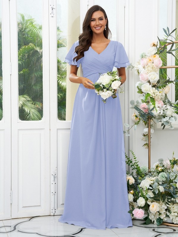 A-Line/Princess Chiffon Ruffles V-neck Short Sleeves Floor-Length Bridesmaid Dresses 2225