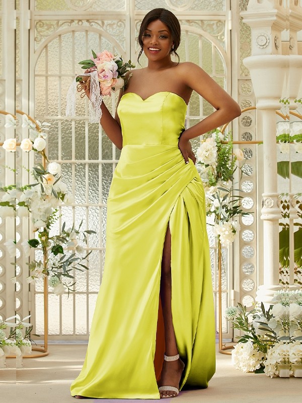 Sheath/Column Silk like Satin Ruched Sweetheart Sleeveless Sweep/Brush Train Bridesmaid Dresses 3079