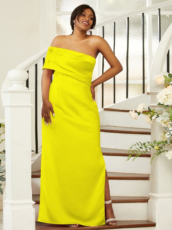 Sheath/Column Satin Ruched One-Shoulder Sleeveless Floor-Length Bridesmaid Dresses 3020