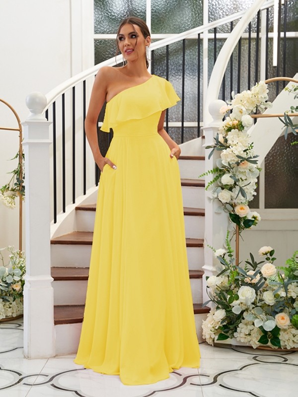 A-Line/Princess Chiffon Ruffles One-Shoulder Sleeveless Floor-Length Bridesmaid Dresses 2205