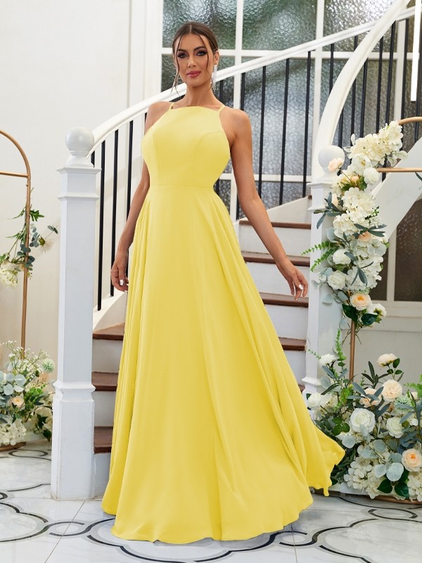 A-Line/Princess Chiffon Ruffles Halter Sleeveless Floor-Length Bridesmaid Dresses 2195