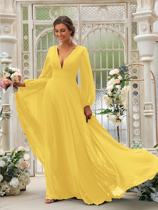 A-Line/Princess Chiffon Ruffles V-neck Long Sleeves Sweep/Brush Train Bridesmaid Dresses 2219