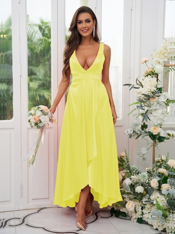 A-Line/Princess Silk like Satin Ruffles V-neck Sleeveless Ankle-Length Bridesmaid Dresses 2489