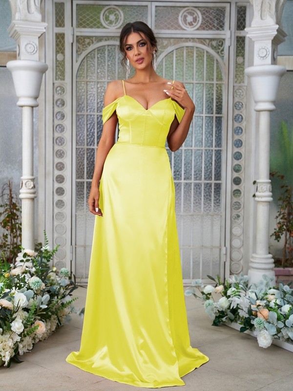 A-Line/Princess Silk like Satin Ruched Sweetheart Sleeveless Sweep/Brush Train Bridesmaid Dresses 2473