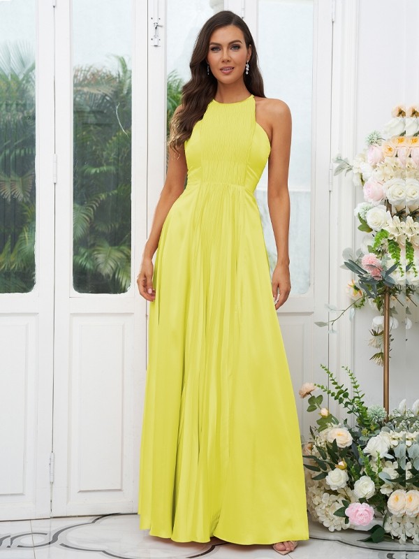 A-Line/Princess Silk like Satin Ruffles Halter Sleeveless Floor-Length Bridesmaid Dresses 2480