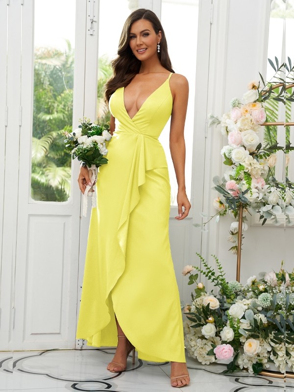 A-Line/Princess Silk like Satin Ruffles V-neck Sleeveless Floor-Length Bridesmaid Dresses 2492