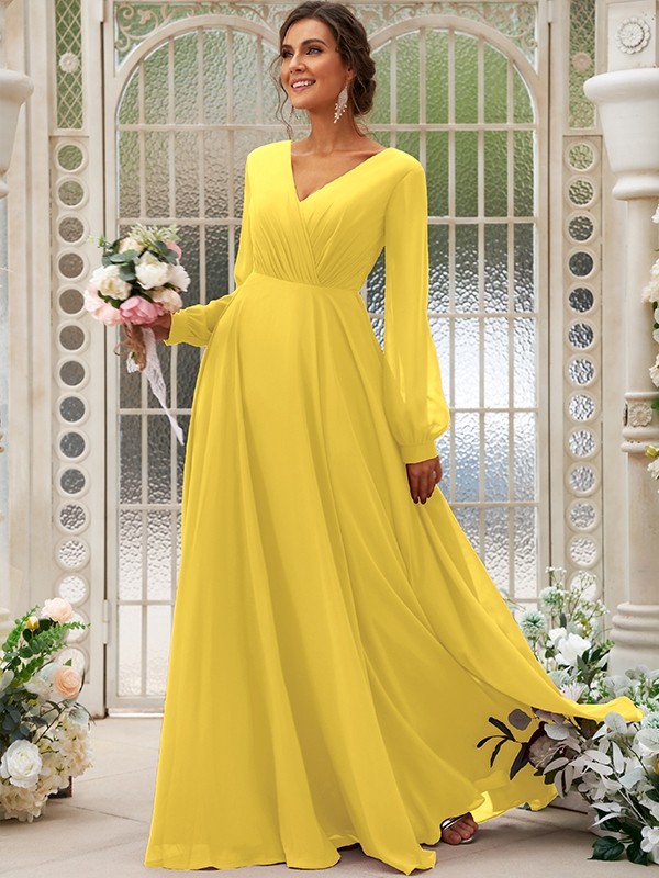 A-Line/Princess Chiffon Ruched V-neck Long Sleeves Floor-Length Bridesmaid Dresses 2169