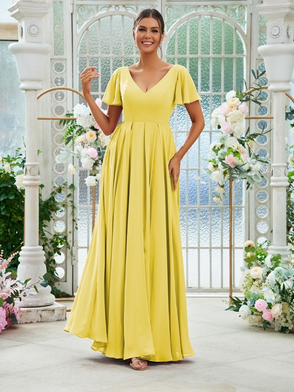 A-Line/Princess Chiffon Ruffles V-neck Short Sleeves Floor-Length Bridesmaid Dresses 2226