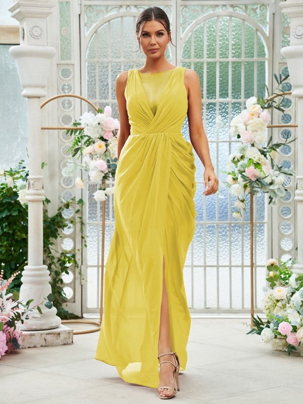 Sheath/Column Chiffon Ruched Scoop Sleeveless Floor-Length Bridesmaid Dresses 2904