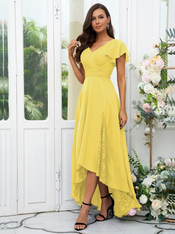 A-Line/Princess Chiffon Lace V-neck Short Sleeves Asymmetrical Bridesmaid Dresses 2151