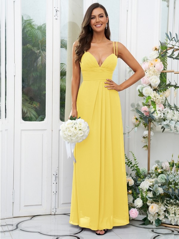 A-Line/Princess Chiffon Ruched V-neck Sleeveless Floor-Length Bridesmaid Dresses 2178