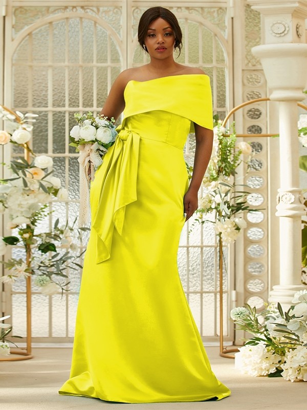 Sheath/Column Satin Ruched One-Shoulder Sleeveless Sweep/Brush Train Bridesmaid Dresses 3022