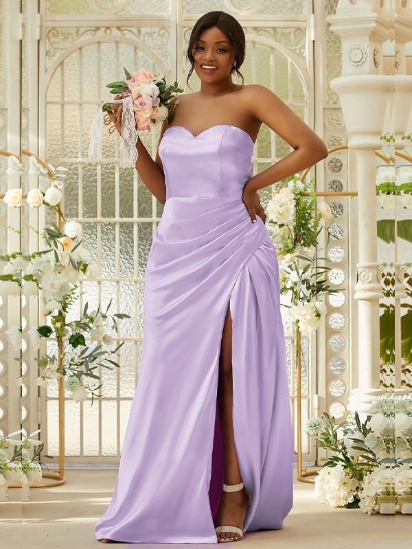 Sheath/Column Silk like Satin Ruched Sweetheart Sleeveless Sweep/Brush Train Bridesmaid Dresses 3079