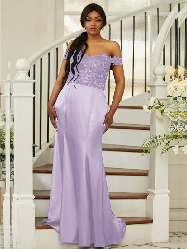 Sheath/Column Silk like Satin Applique Off-the-Shoulder Sleeveless Sweep/Brush Train Bridesmaid Dresses 3051