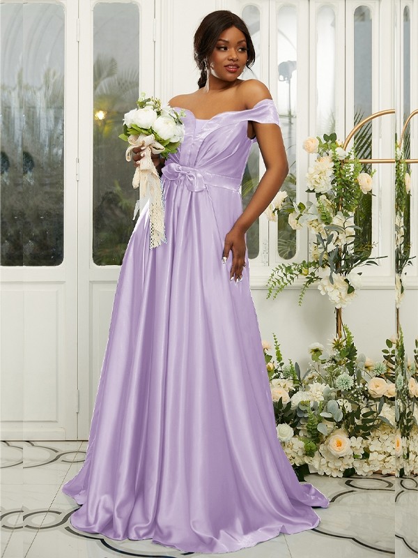 A-Line/Princess Silk like Satin Ruffles Off-the-Shoulder Sleeveless Sweep/Brush Train Bridesmaid Dresses 2482