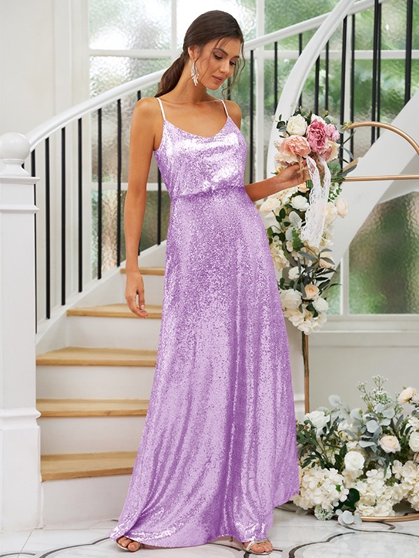 A-Line/Princess Sequins Ruched Straps Sleeveless Floor-Length Bridesmaid Dresses 2466