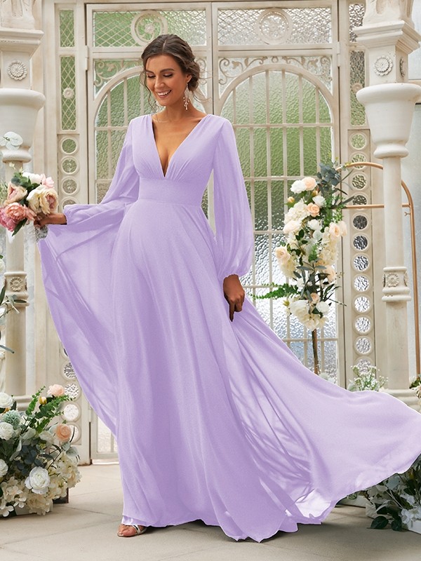 A-Line/Princess Chiffon Ruffles V-neck Long Sleeves Sweep/Brush Train Bridesmaid Dresses 2219