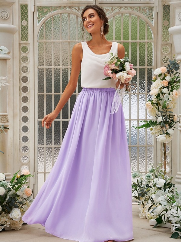 A-Line/Princess Chiffon Ruffles Scoop Sleeveless Floor-Length Two Piece Bridesmaid Dresses 2210