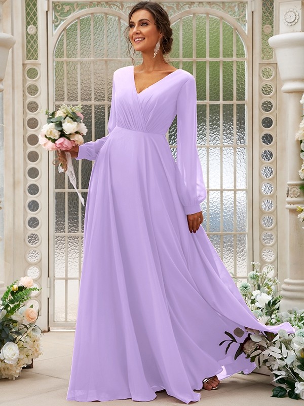 A-Line/Princess Chiffon Ruched V-neck Long Sleeves Floor-Length Bridesmaid Dresses 2169