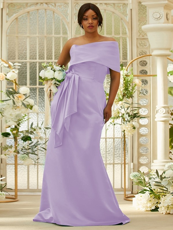 Sheath/Column Satin Ruched One-Shoulder Sleeveless Sweep/Brush Train Bridesmaid Dresses 3022