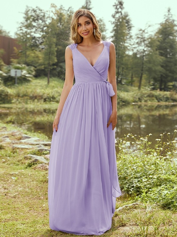 A-Line/Princess Chiffon Ruffles V-neck Sleeveless Floor-Length Bridesmaid Dresses 2235