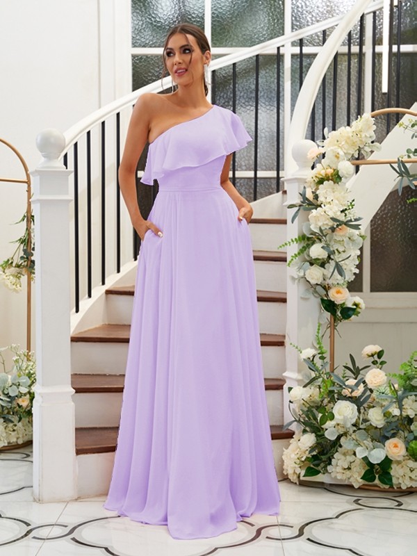 A-Line/Princess Chiffon Ruffles One-Shoulder Sleeveless Floor-Length Bridesmaid Dresses 2205