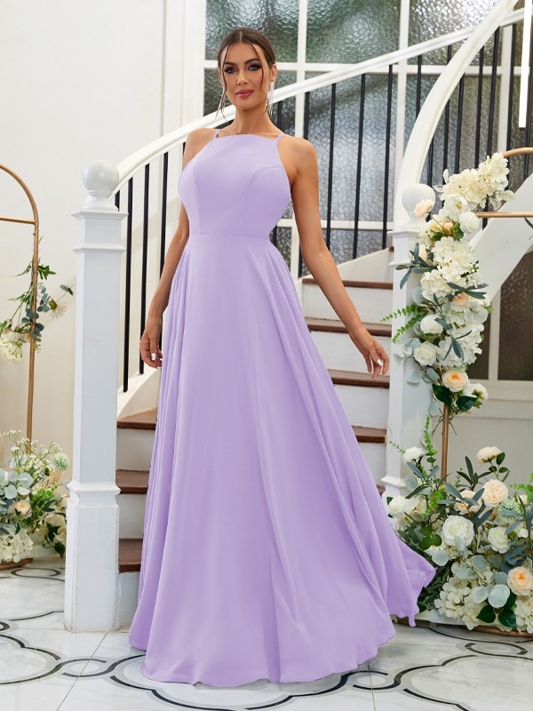 A-Line/Princess Chiffon Ruffles Halter Sleeveless Floor-Length Bridesmaid Dresses 2195