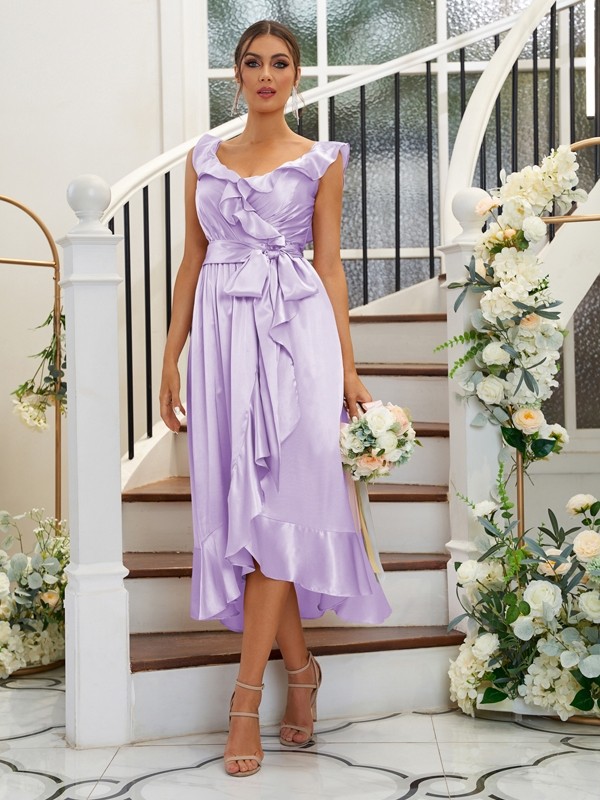 A-Line/Princess Silk like Satin Ruffles V-neck Sleeveless Tea-Length Bridesmaid Dresses 2496