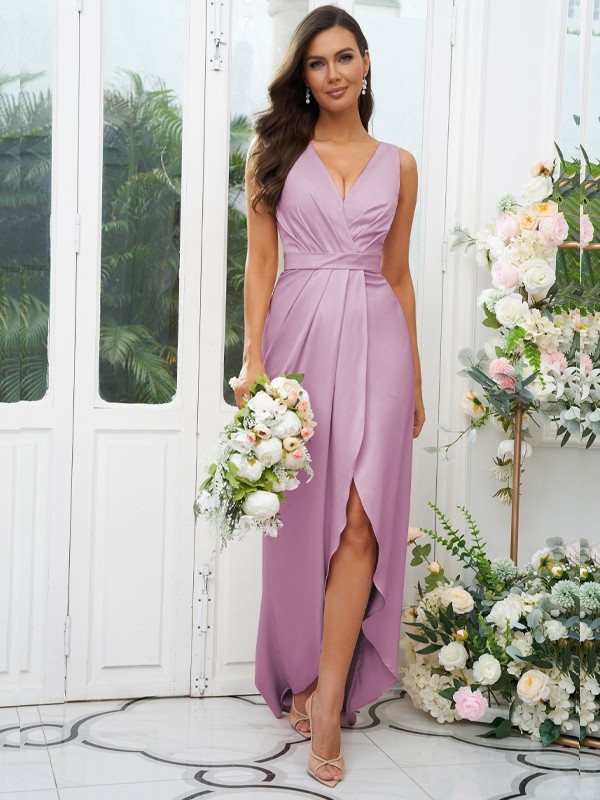 A-Line/Princess Charmeuse Ruched V-neck Sleeveless Sweep/Brush Train Bridesmaid Dresses 2124