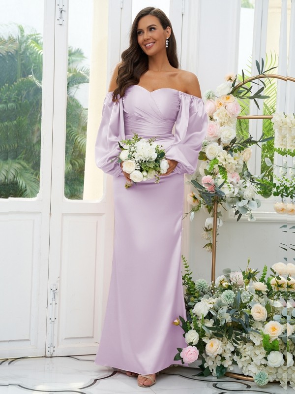 Sheath/Column Silk like Satin Ruched Off-the-Shoulder Long Sleeves Floor-Length Bridesmaid Dresses 3054