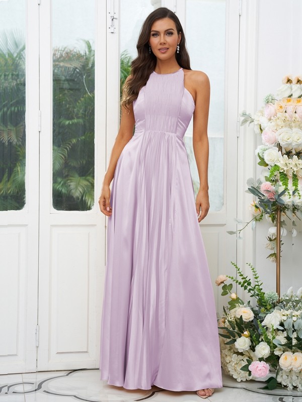 A-Line/Princess Silk like Satin Ruffles Halter Sleeveless Floor-Length Bridesmaid Dresses 2480